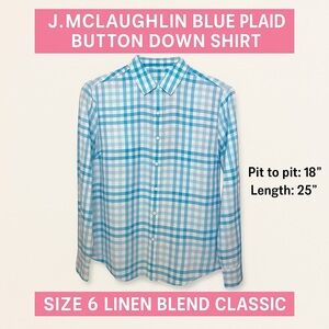 J. McLaughlin Sky Blue Checkered‎ Button Down Shirt Linen Blend Size 6 Classic